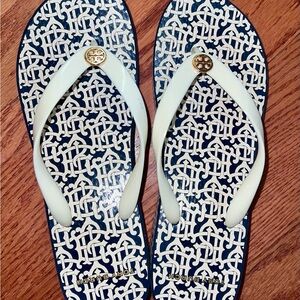 Tory Burch Navy White Wedge Platform Flip Flops 8.5 9